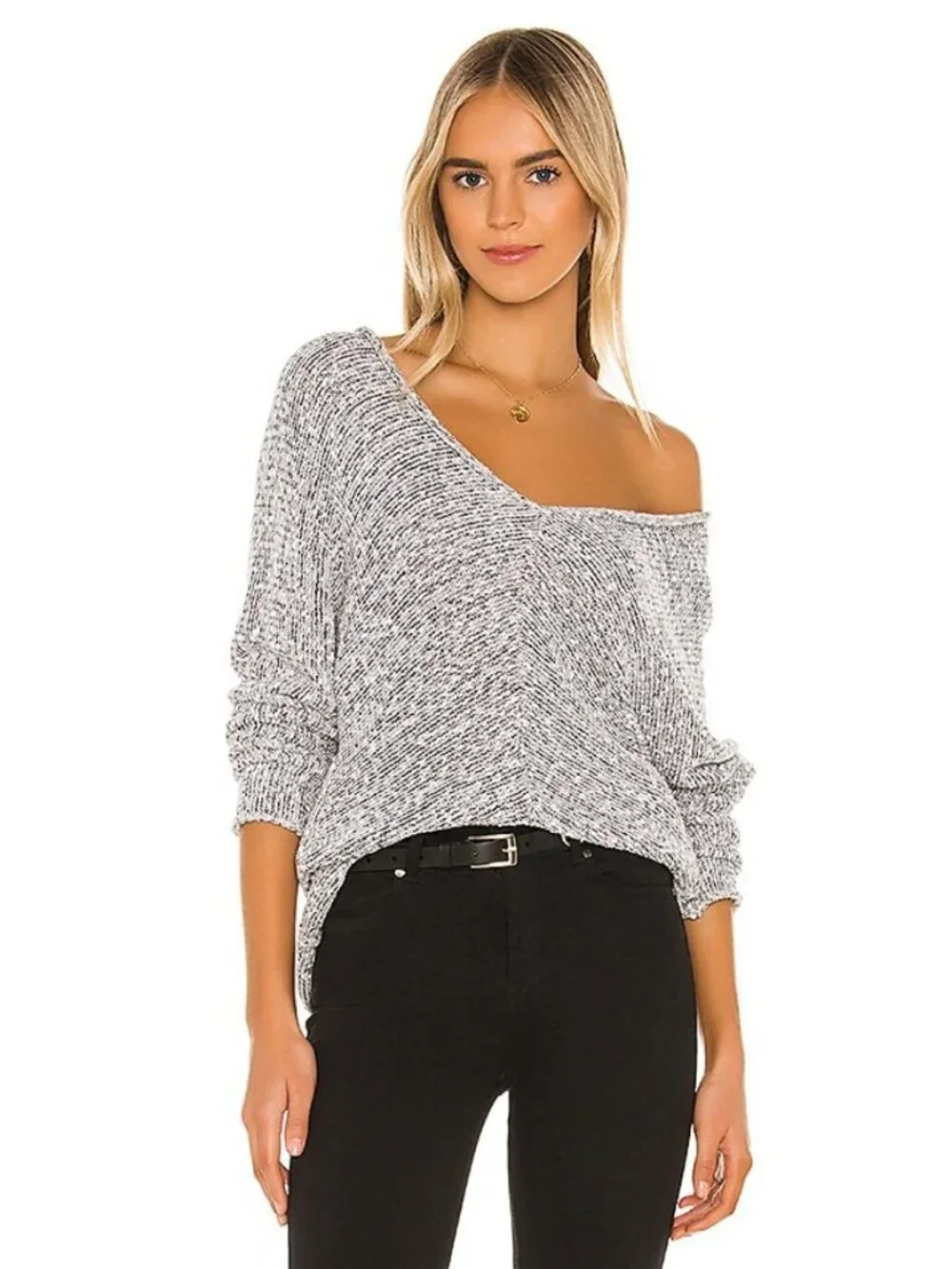 Free‎ People Bright Lights Dolman V-Neck Sweater Gray Marled Chunky Knit Size M